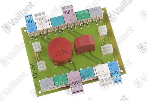 Leiterplatte mit verschiedenen Anschlüssen und Bauteilen, insbesondere einem roten Transformator, für Vaillant Geräte zur EMV-Filterung.
